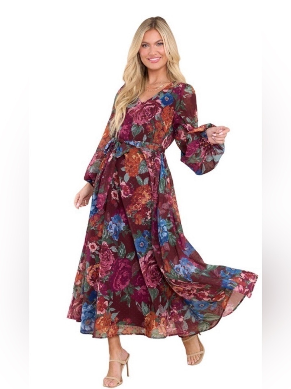 Aura Burgundy Floral Long-Sleeve with tie detail